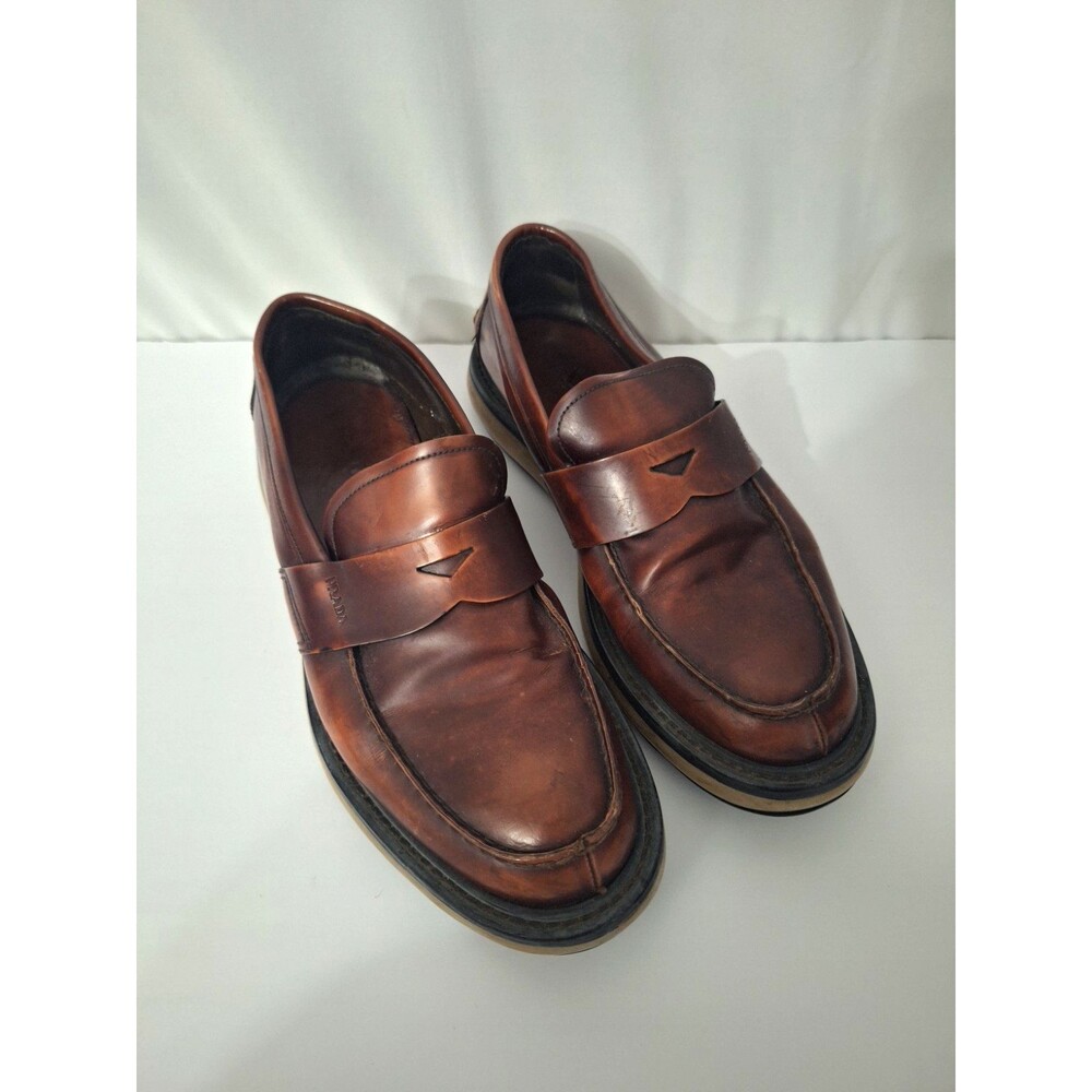 PRADA Mens Leather Loafers Sz 9.5 Brown Chunky Preppy Vintage Y2K School Teacher
